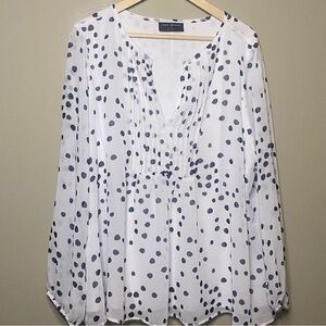 Lane Bryant V-Neck Blouse Women 22 White Black Dots Long Sleeve Pleated Lined